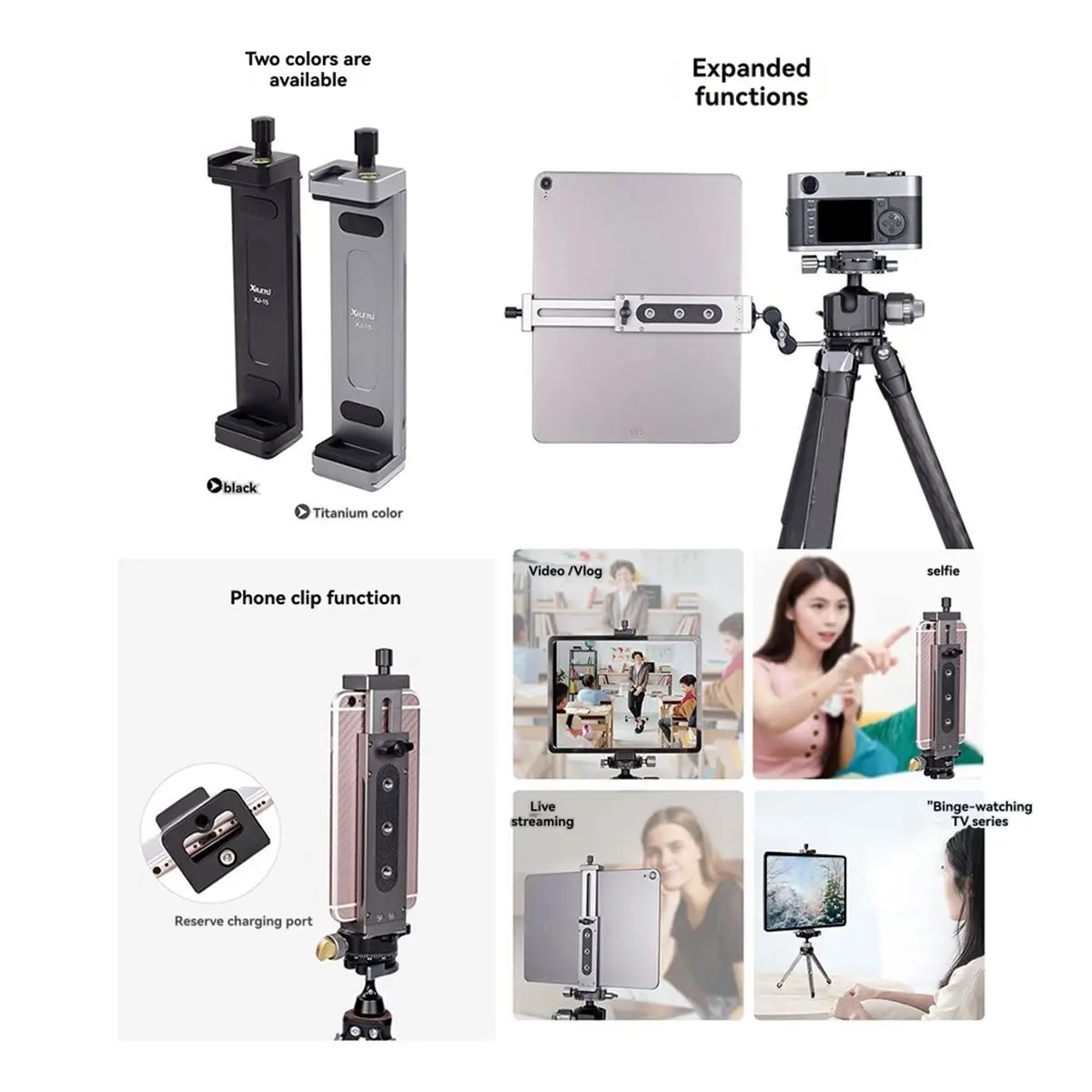 N05R XILETU XJ-15 범용 태블릿 및 휴대폰 스탠드 홀더, IPad Pro Air Mini 및 스마트폰 A용 조절 가능한 삼각대 클립 브래킷