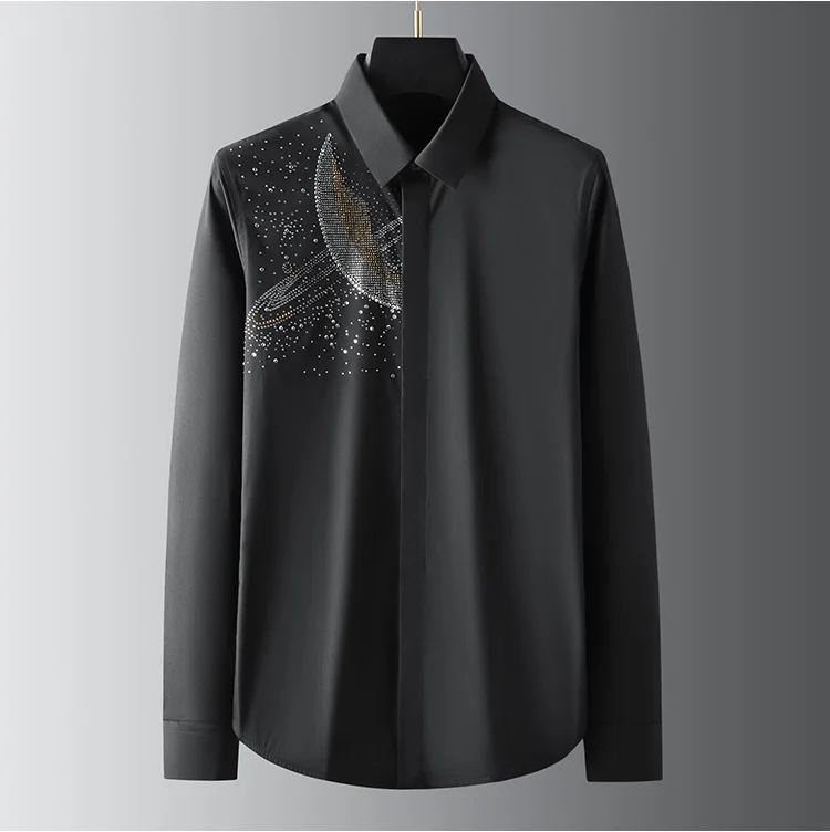 rhinestone dress shirt men Statement Men's Long Sleeve Satin Shirt - Embellished Rhinestones - Black - L