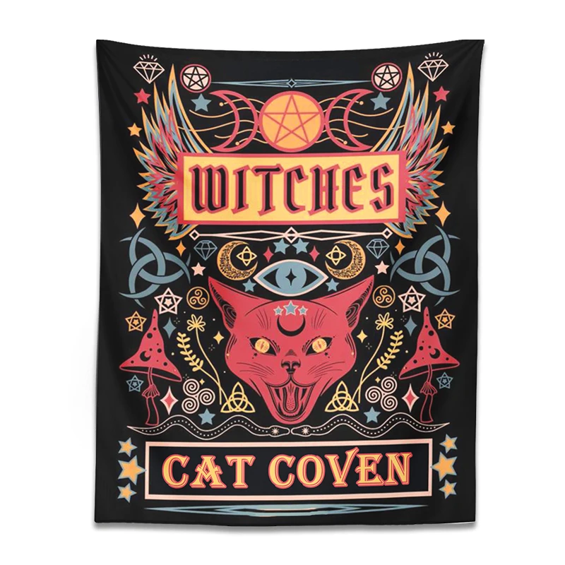 Cat Witchcraft Tapestry Wall Hanging sun moon Tarot mushroom Mysterious Divination for Living Room Home Dorm Decor Cat Coven