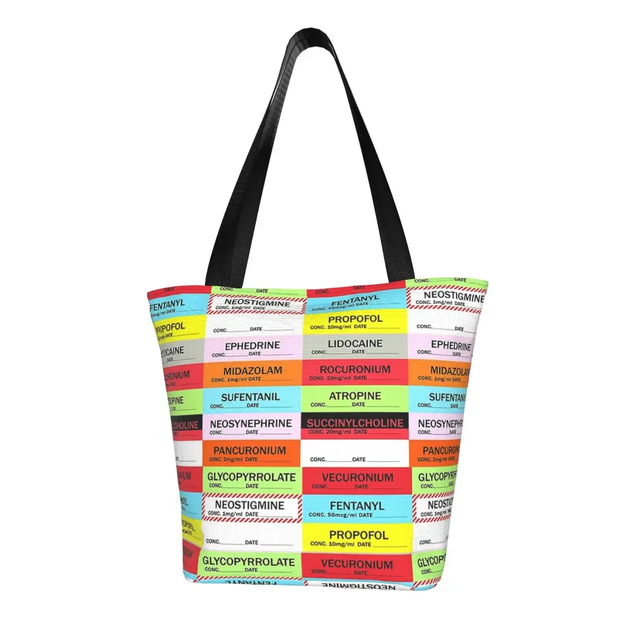 

Fashion Anesthesia Medication Labels Shopping Tote Bags Reusable Medical Nurse Canvas Groceries Shoulder Shopper Bag