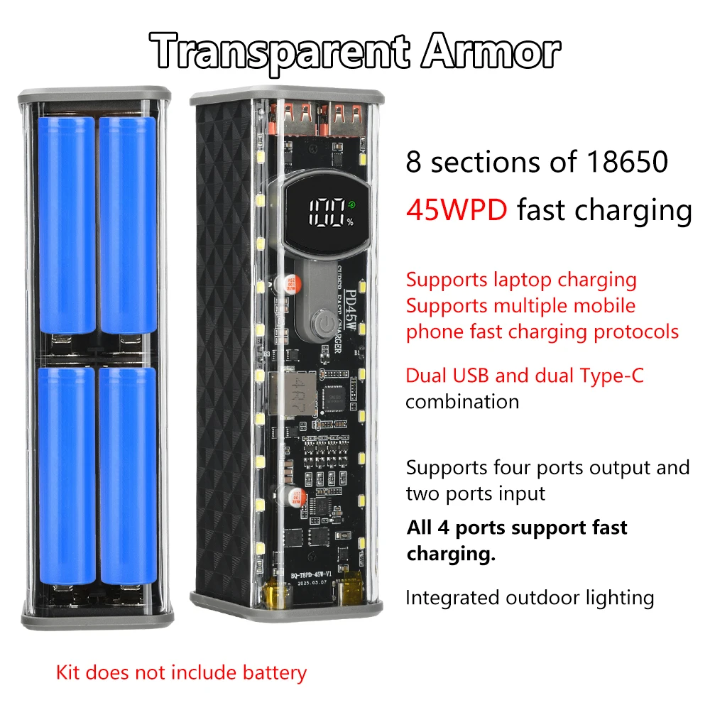 PD 45W 30-65W Ricarica super veloce Trasparente Power Bank Shell Saldatura gratuita 8 * 18650 Cartucce batteria per luce esterna Tipo-C - immagine 2