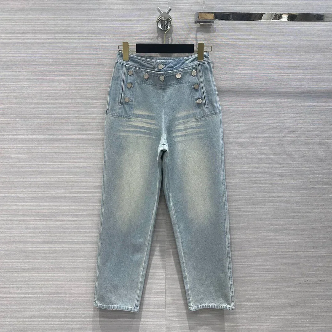 

New Fashion Streetwear Light Blue Scratch Washed Straight Leg Jeans Women Silver Buttons Double Breasted High Waist Denim Pants