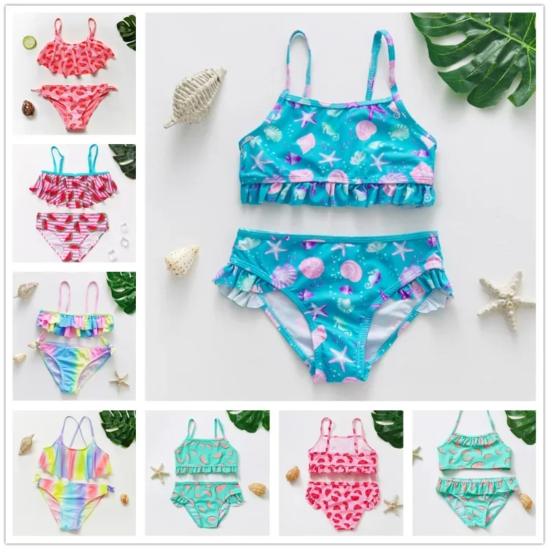 

2~16Year Teenager Girls Swimwear Two pieces Girls swimsuit High quality Kids Bikini sets Falbala Children Beach wear