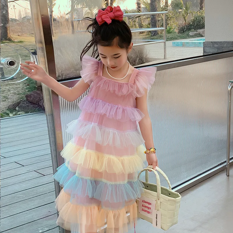 

Rainbow Dress for Girls 2024 Summer New Kids Candy-colored Cake Flying Sleeve Gauze Cake Sundress Girls Princess Casual Dresses