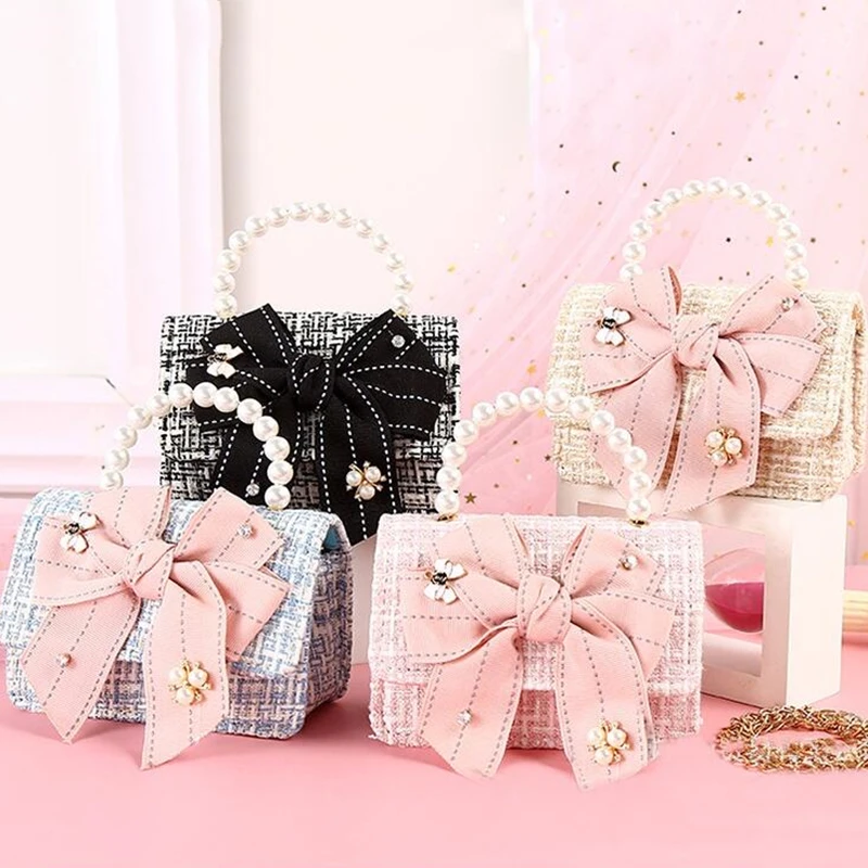 

2022 Korean Version Bowknot Portable Pearl One-shoulder Diagonal Children's Bag Fashion Packet Coin Purse Baby Cute Princess Bag