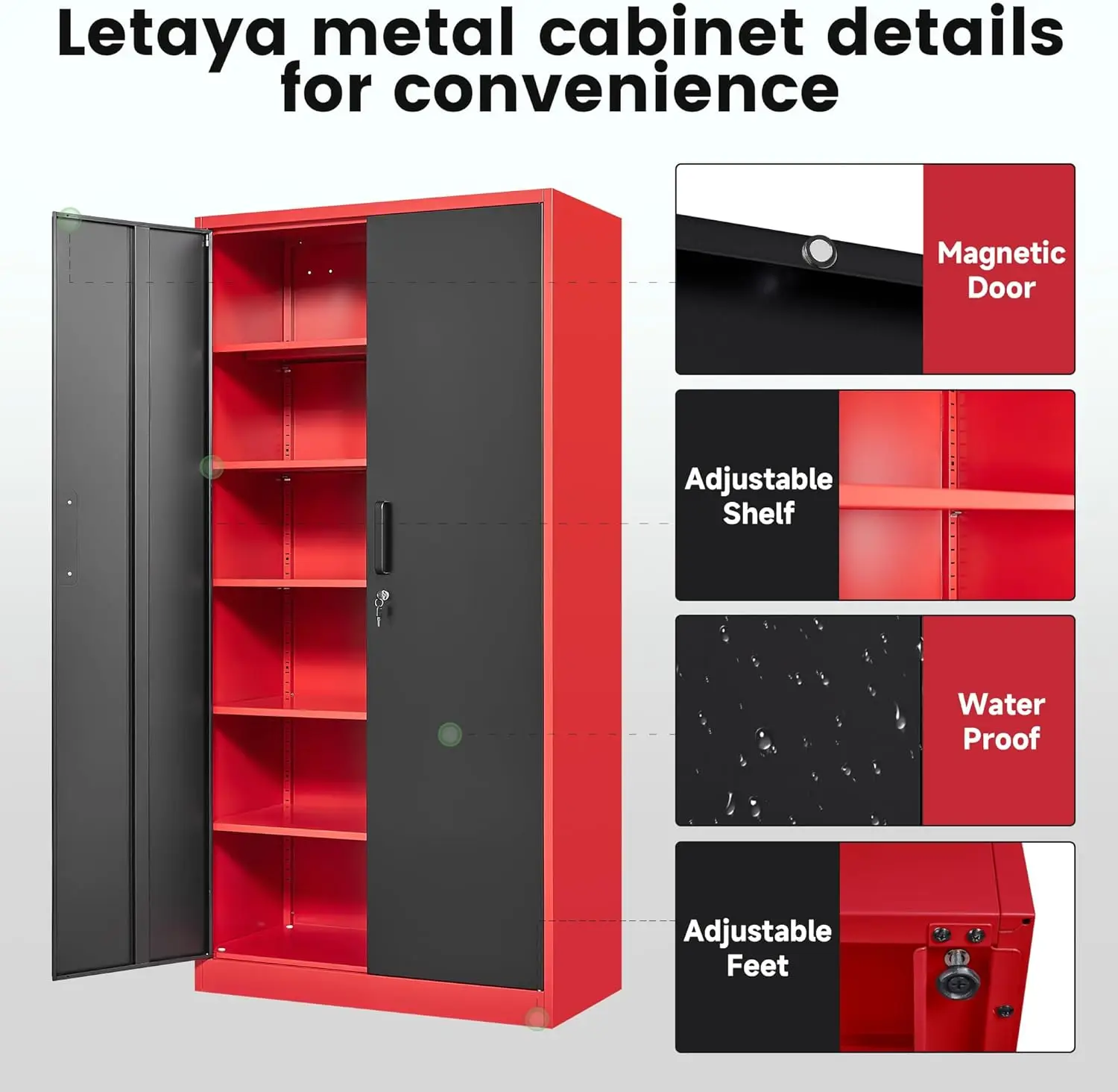 Metal Garage Storage Cabinets with Lock, 72" Tall Locker Organizer Steel Tool Cabinets,5 Adjustable Shelves 2 Doors (Black Red) 3