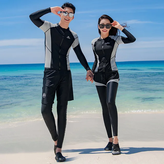 Women s 5pcs/set Men s 3pcs/set Rash Guard Long Sleeve UV Sun Protection Swimsuit Zip Up Swim Tops ; Bottoms Couples Beachwear