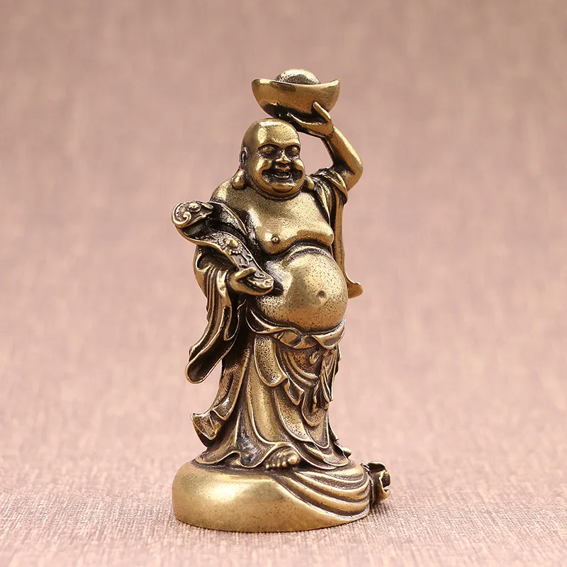 

Vintage Handmade Hollow Copper Maitreya Buddha Figurines Smiling Buddha Ornaments Ruyi Brass Buddha Statue Home Decoration Gifts