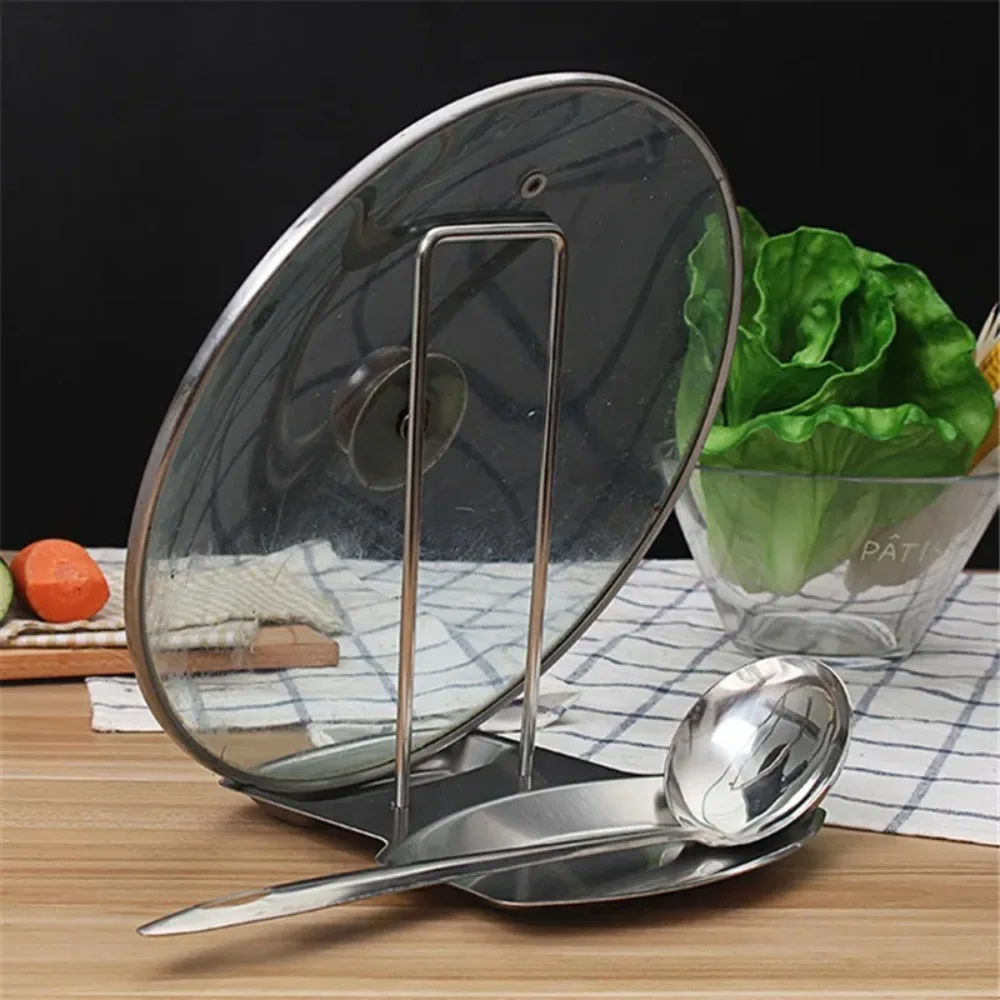 Stainless Steel Pan Pot Cover Stand Soup Spoon Holder Drain Rack Stove Organizer Storage Kitchen Accessories