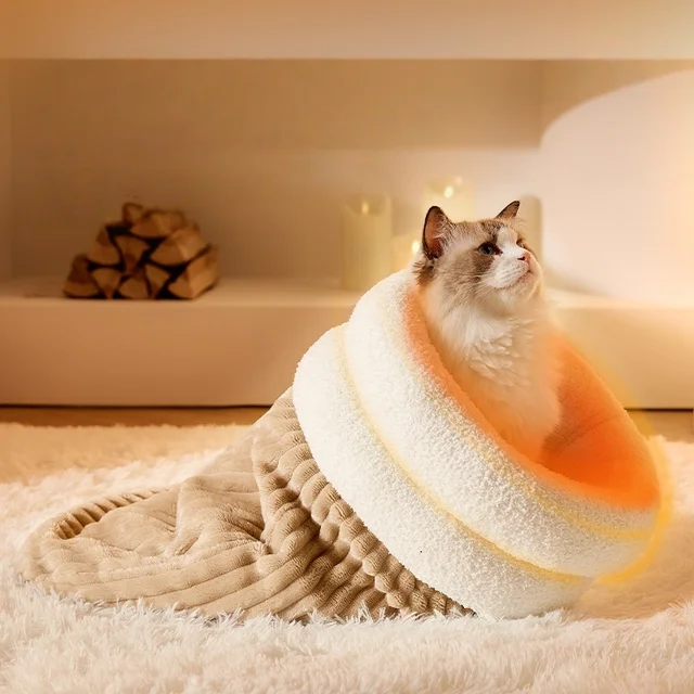 ​​Cozy Burrow Bed: Thermal Winter Cat Cave with Enclosed Sleeping Bag Design - Snuggle Sanctuary for Anxious Cats & Small Dogs 3
