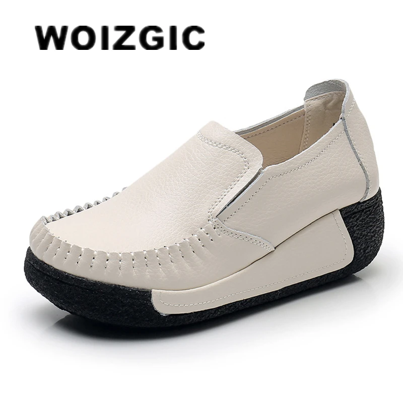 

WOIZGIC Women Flats Female Mother Genuin Leather Shoes Platform Slip On Moccasins Loafers Black Comfortable Soft Mujer Pregnant