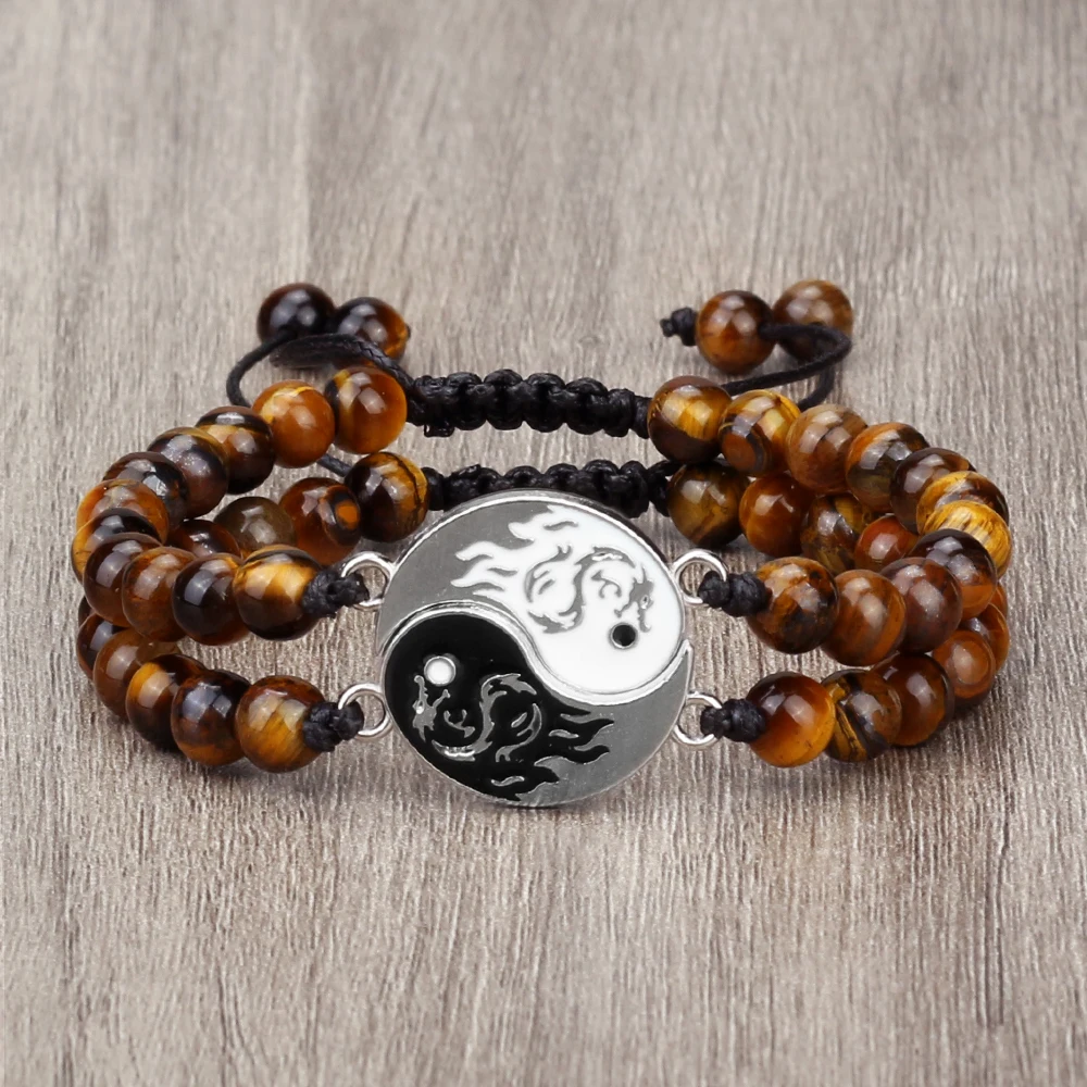 

Trendy Dragon Tai Chi Beaded Bracelets 6mm Tiger Eye Stone Meditation Wristband Braided Bangles Matching Couple Prayer Jewelry