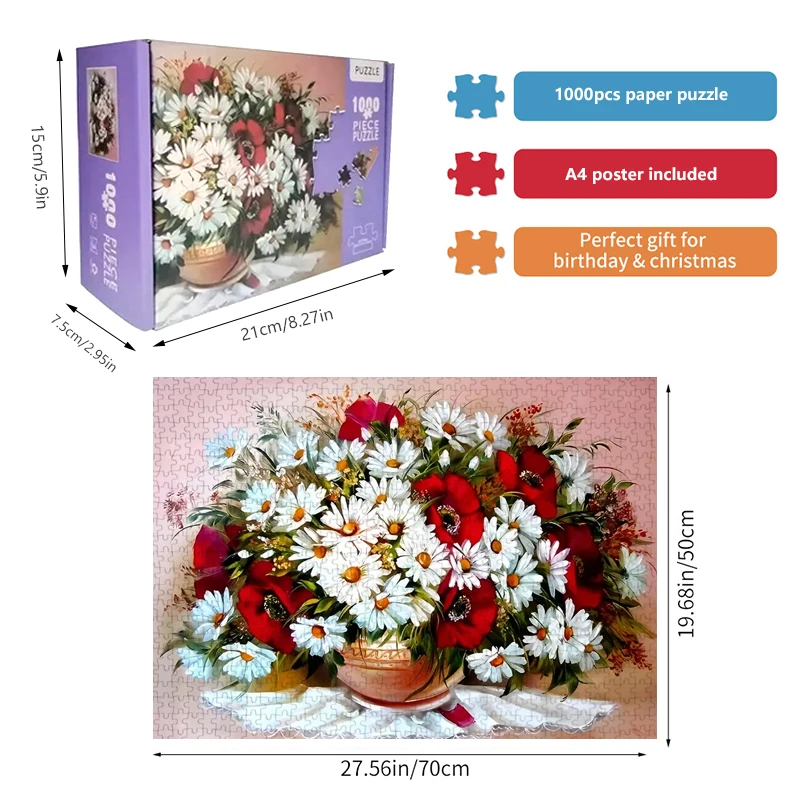High Quality 70cm*50cm 1000pcs Flower Jigsaw Puzzle Adult Stress Relief Beautiful Landscape Painting Puzzle Wall Decor 2