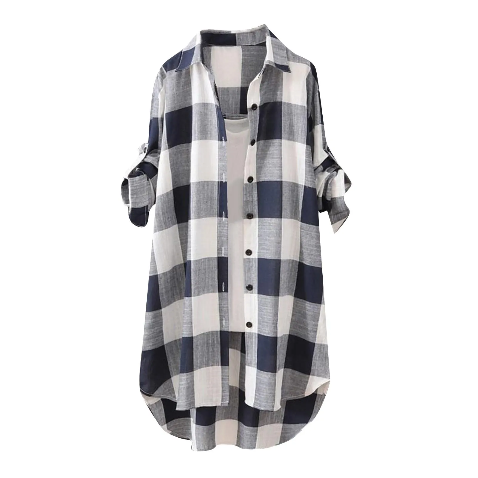 

Women Oversized Shirt Plaid Cotton Linen Long Shirt Plus Size Loose Button Blouse trend Casual Rollable Long Sleeve Shirt