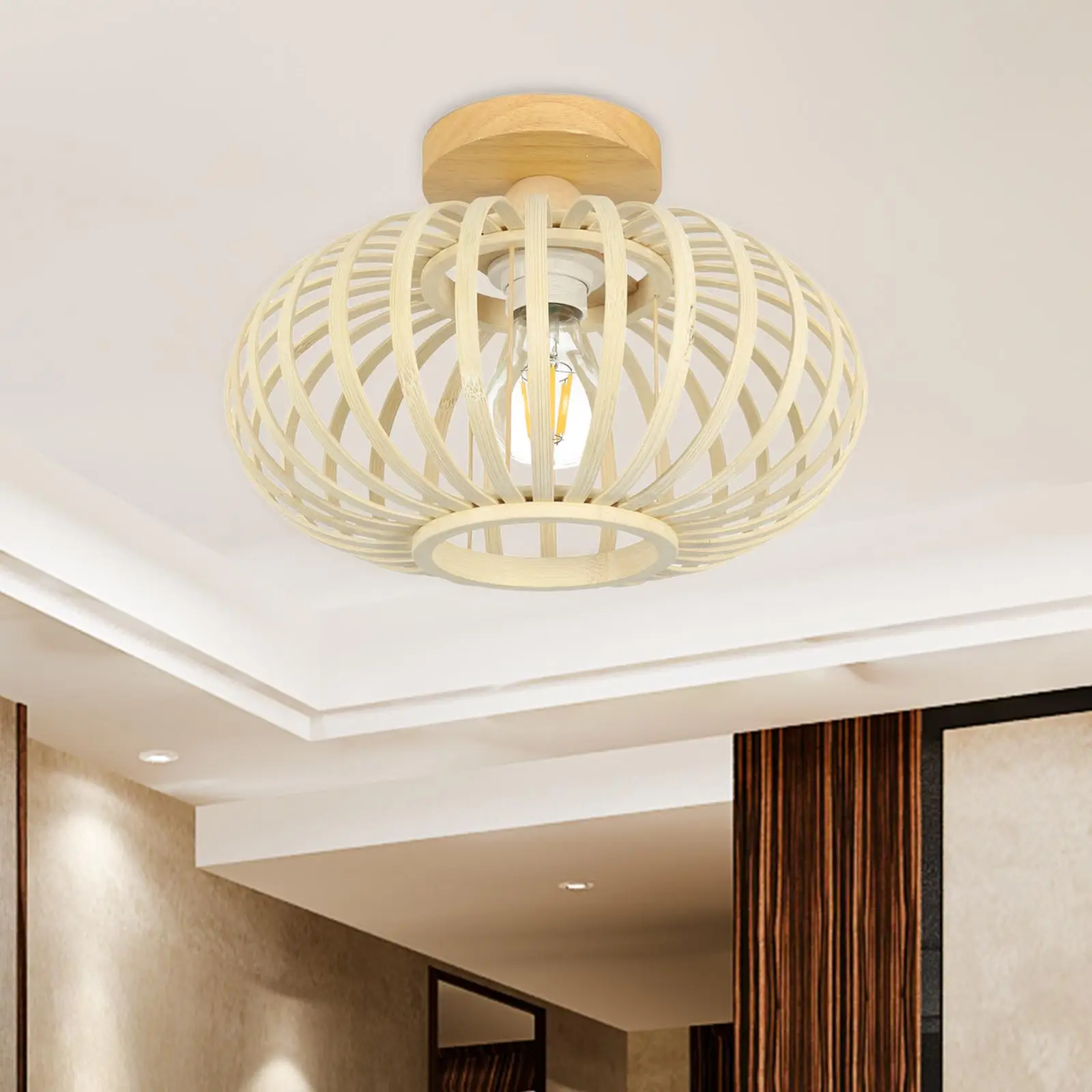 Ceiling Lamp E27/E26 EU Plug Minimalist Rustic Flush Mount Bamboo Pendant Light Shade for Laundry Office Hotel Tea Room Entryway