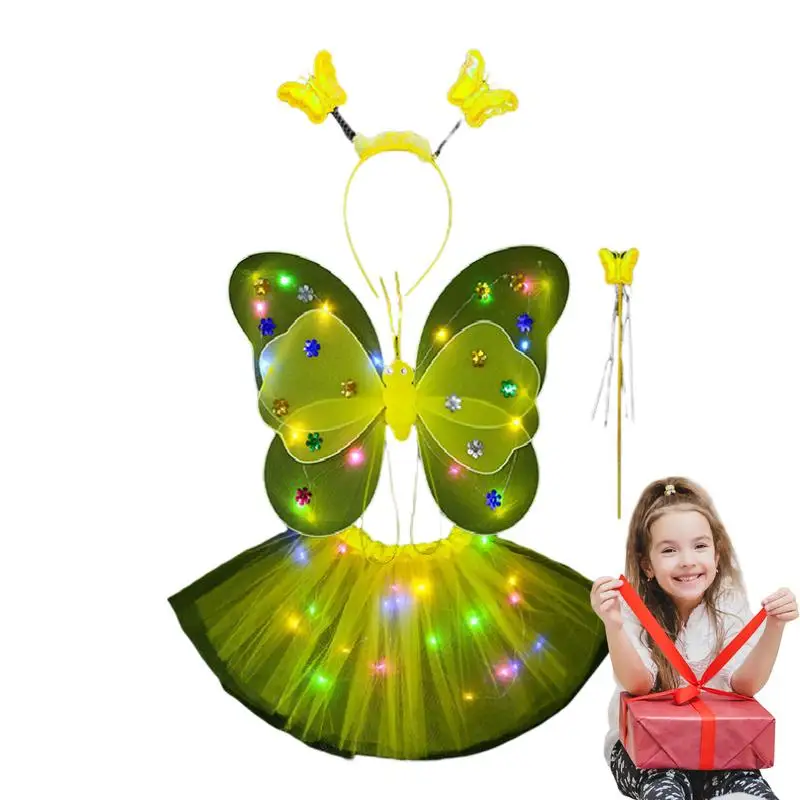 

Kids Butterfly Wings 4PCS Butterfly Fairy Costume Glowing Wings Tutu Skirt Wand Headband Fancy Dress Set For Girls 3-8