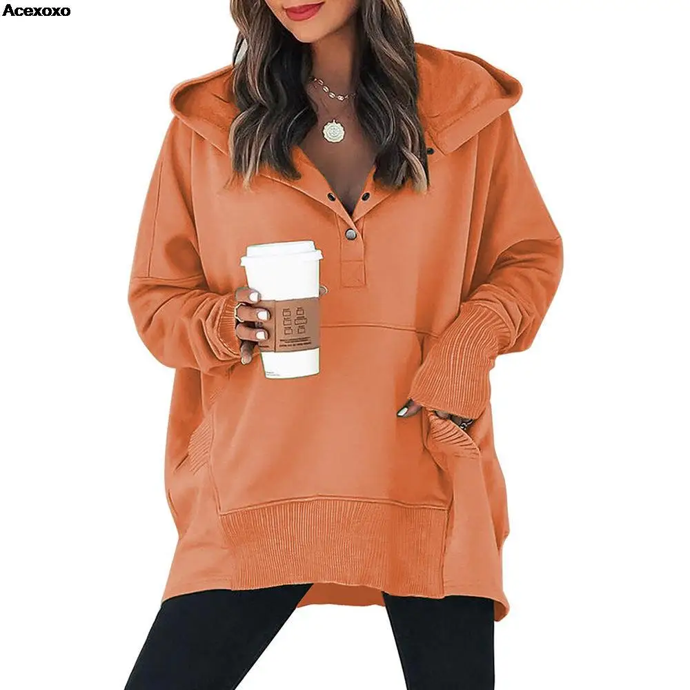 

Autumn and winter new women's fashion casual loose hooded pocket wool solid color rendering top