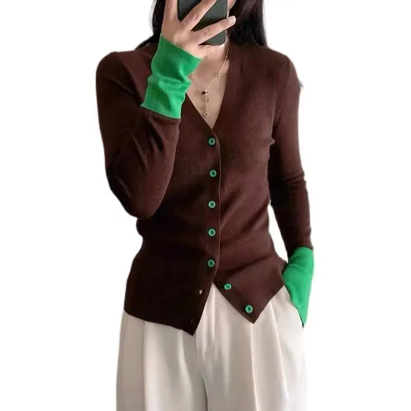 2024 Autumn New Simplicity Patchwork V-neck Long Sleeve Knitting Cardigan Ladies Fashion Slim Buttons Bottoming Shirt Femme Coat 4