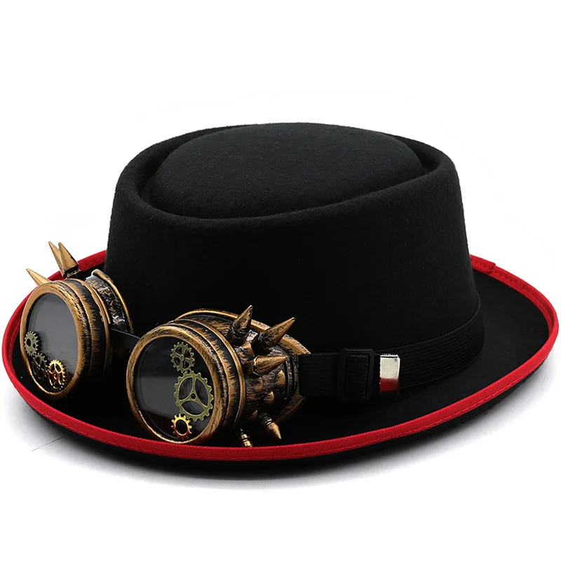 

Fedoras Hat For Man Women Gear Glasses Punk Style Pork Pie Hat Dad Wool Flat Gentleman Gambler Boater Men Trilby Hat