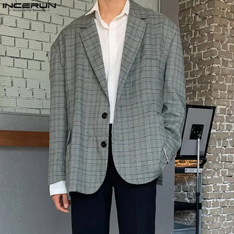 

INCERUN Men Blazer Plaid Lapel Long Sleeve Button Loose Fashion Casual Suits Men Autumn Streetwear 2023 Leisure Coats S-5XL