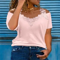 Chemise en dentelle à manches courtes pour femmes, t-shirt décontracté à col en V pour dames, évider les épaules, fronde, pull élégant, haut d'été sexy 4