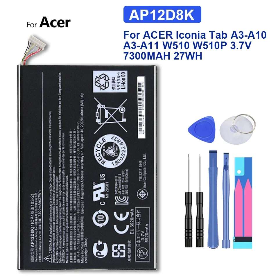 

AP12D8K Tablet Battery with Track Code,for ACER Iconia Tab A3-A10, A3-A11, W510, W510P, 3.7V, 7300MAH, 27WH