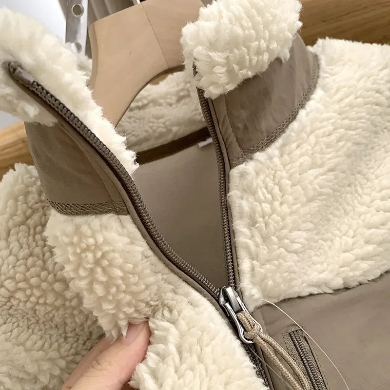 Autumn Winter Lambswool Coat Male Loose Windproof Warm Sherpa Stand Collar Polar Fleece Jacket Unisex Simple  Pocket Spliced Top 6