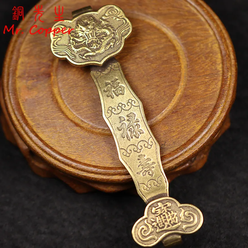 

Vintage Brass Ruyi Figurine Good Fortune Prosperity Longevity Dragon Pattern Chinese Feng Shui Ornament Desktop Decoration Craft