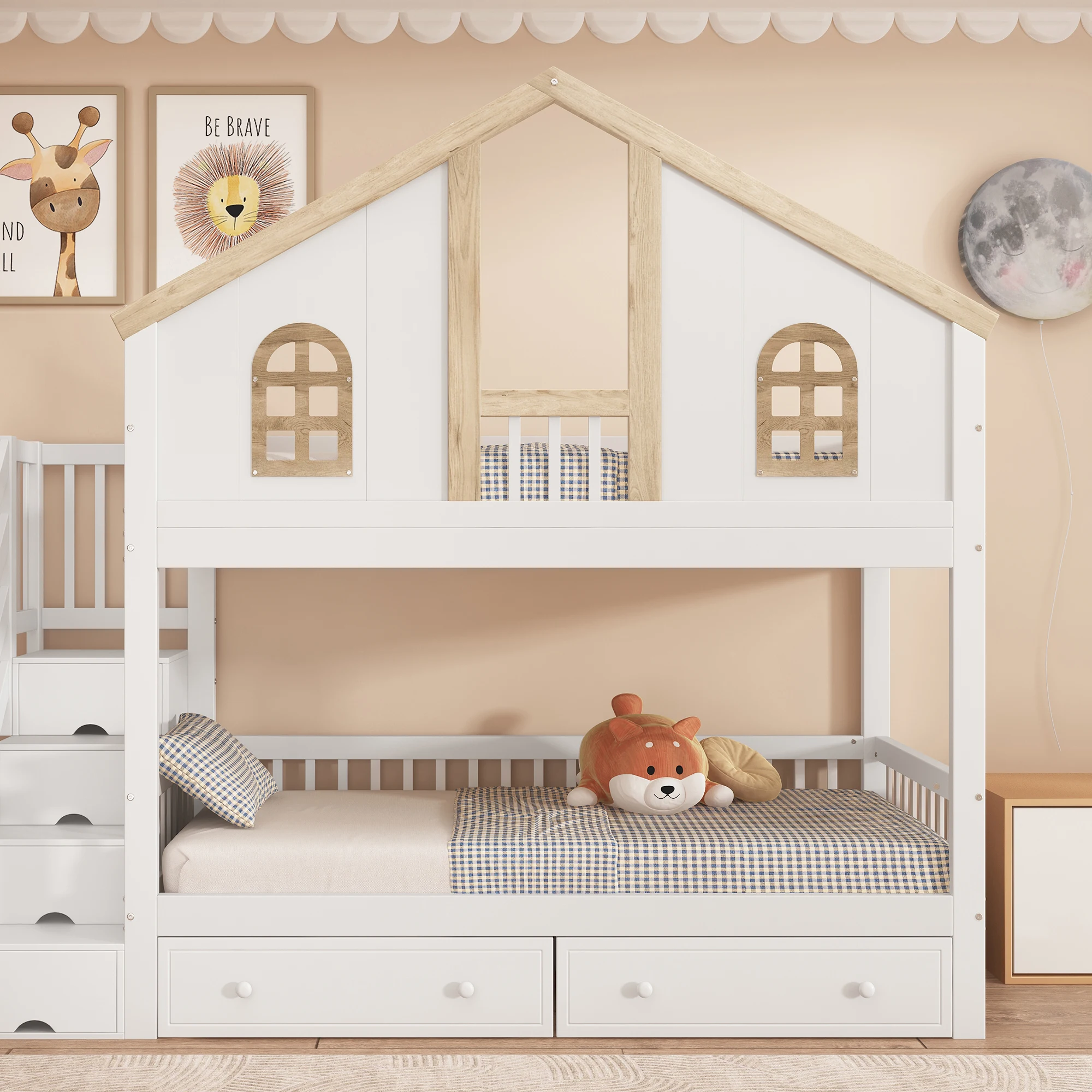 PINGGO Kinder-Etagenbett mit Fallschirmgitter-Fenster, Rollschubladen, Aufbewahrungstreppe, Kiefer MDF, Weiß Natur, 90x200cm, ohne Matratze – Detail 4