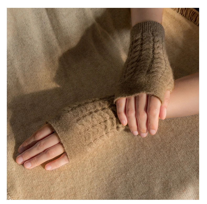 100% Real Cashmere Autumn Winter Thick Cable Gloves Mitten Fingerless Warm Wrist Length Thumb Hole Mitts Classic Female Elegant