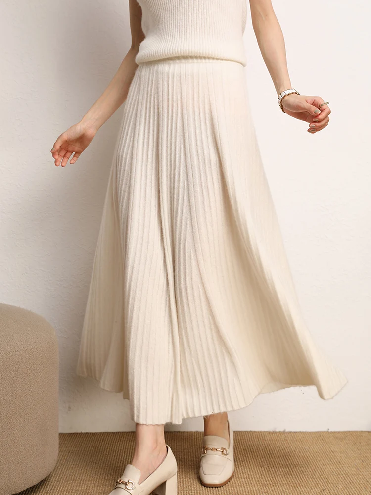 New Chic Pleated Cashmere Skirt Pleat Detail