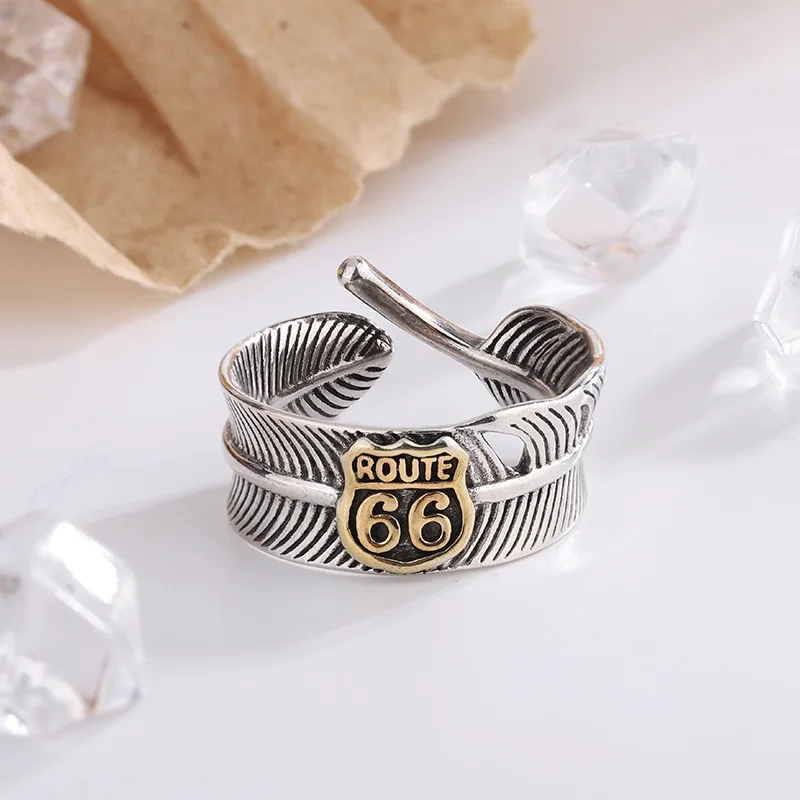 

Vintage Thai Silver 66 Feather Ring for Men and Women Fashion Personalized Design Sense Trendy Opening Adjustable Ring