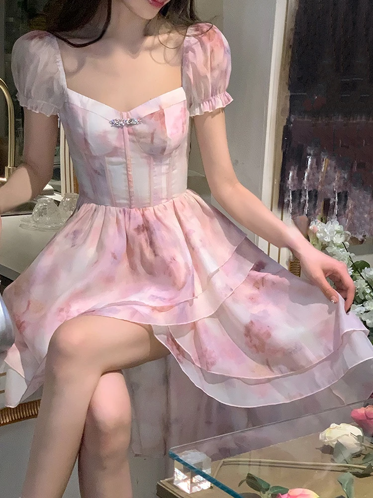 

Pink Print Chiffon Elegant Dress Women Puff Sleeve France Sweet Party Midi Dress Female Korean Style Casual Floral Dress 2023