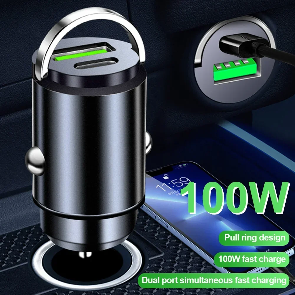 Compact 100W Dual USB Fast Car Charger with Type C Port