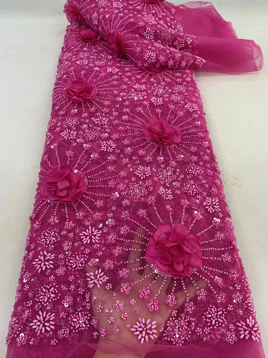 

New French 3D Flower Sequins lace Fabric 2024 high Quality Nigerian Beads Lace Fabric For wedding Party Dress Sewing 5 Yards