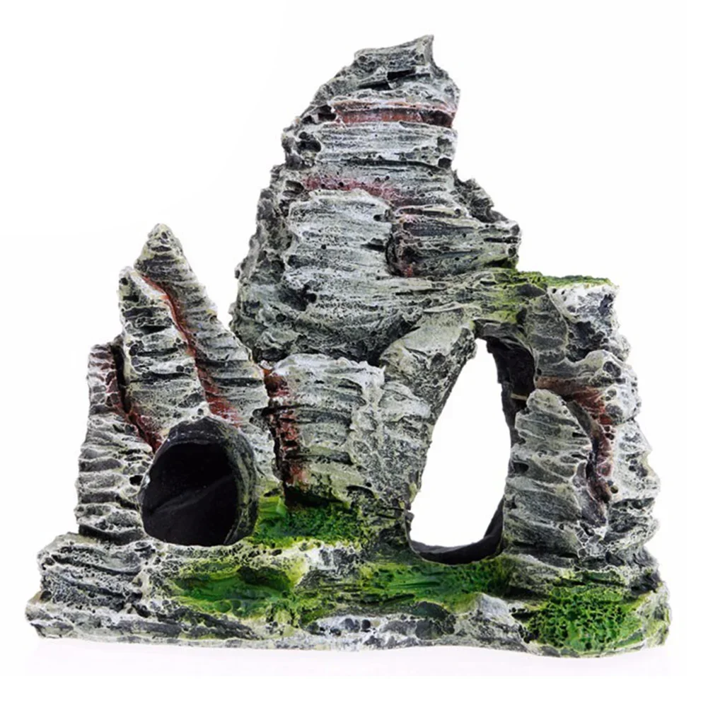 Fish Tank Ornaments Artificial Moss Hiding Cave Mountain View Underwater Fish Tank Landscaping Craft Living Room Resin Rockery