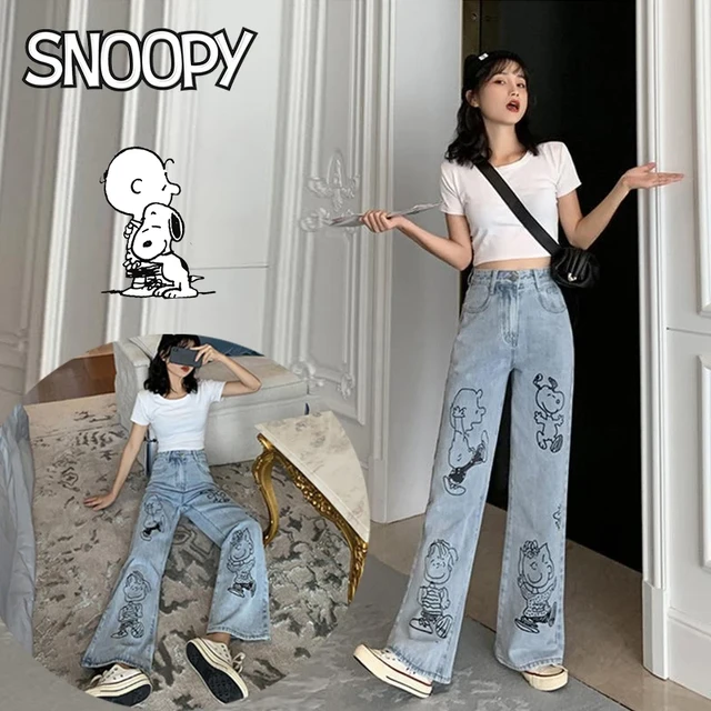 Snoopy Blue Womens Jeans High Waist Vintage Straight Leg Baggy Denim Pants  Streetwear American Fashion Wide Leg Denim Trouser - AliExpress