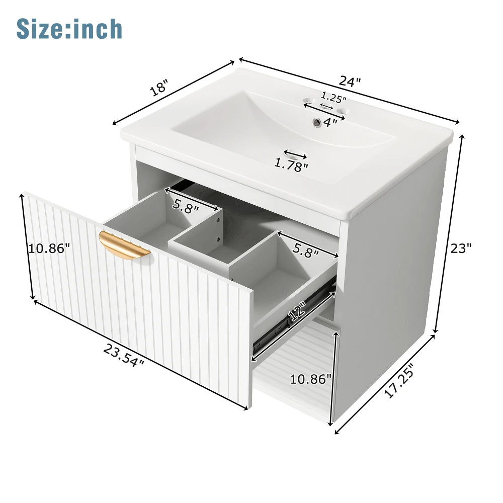 Modern 24 Inch Wall-Mounted Bathroom vanity with 2 Drawers, White - Ideal for Small Bathrooms 3