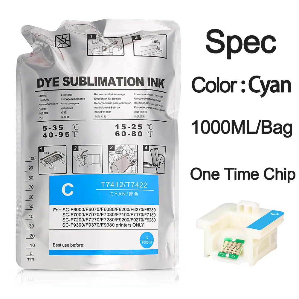 Bolsa de Tinta com Chip para Epson Dye Sublimation Ink Bolsa T741x T7411 T7412 T7413 T7414 F6000 F7000 F6070 F7070 F6200 F7200 F6270 - Imagem 6