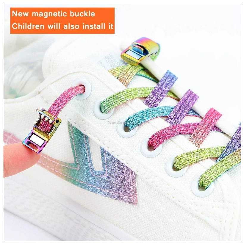 Neue magnetische Schnürsenkel Sneakers Schnürsenkel Kinder Erwachsene elastische keine Krawatte Schnürsenkel Regenbogen Schloss Lazy Laces Einheitsgröße passend für alle Schuhe – Detail 3