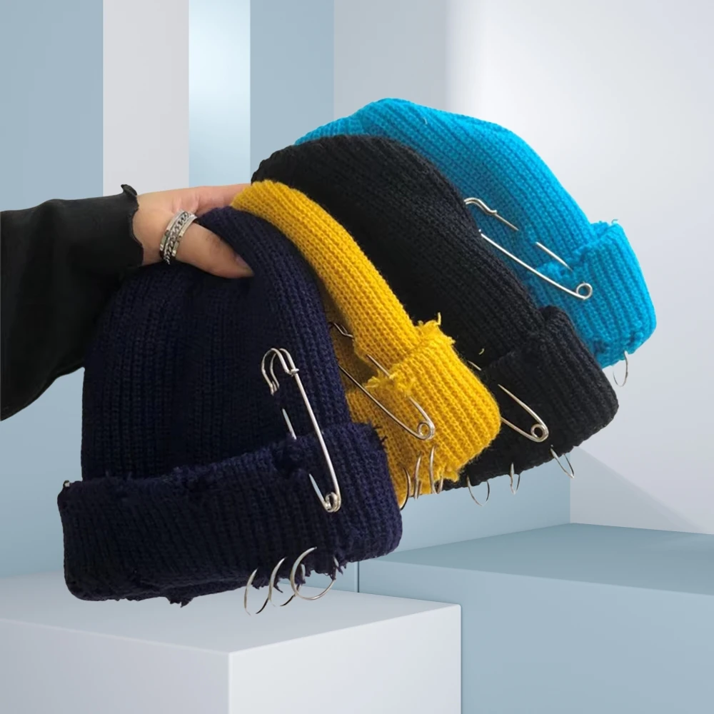 Hat for Women Autumn and Winter Ring Pin Street Hip-Hop Woolen Hats with Holes Edging Knit Cap Men's Trendy Cold-proof Beanies
