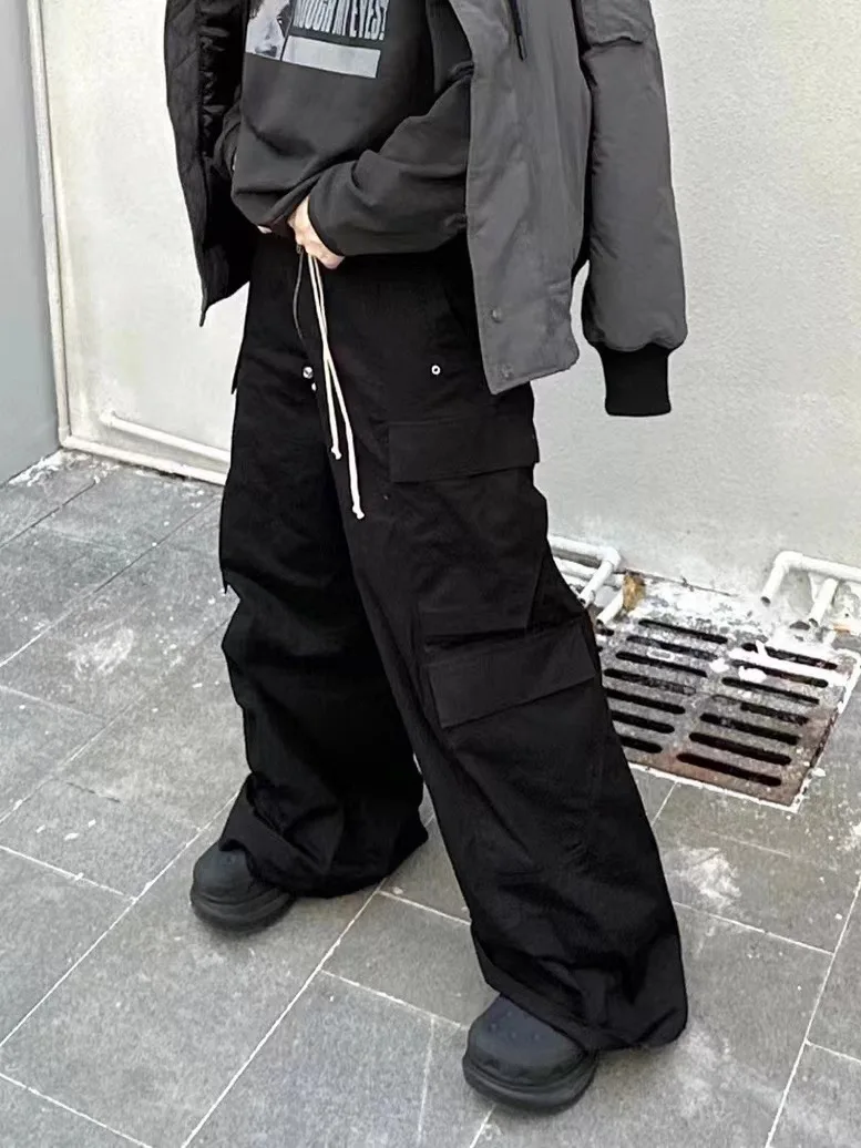 

Брюки-клеш Rick, Плиссированные Свободные однотонные брюки, брюки унисекс, прямые повседневные широкие свободные брюки со шнуровкой