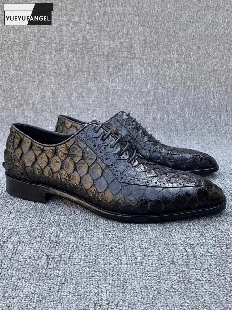 Men Leather Oxford Shoes Snake Skin Print Business