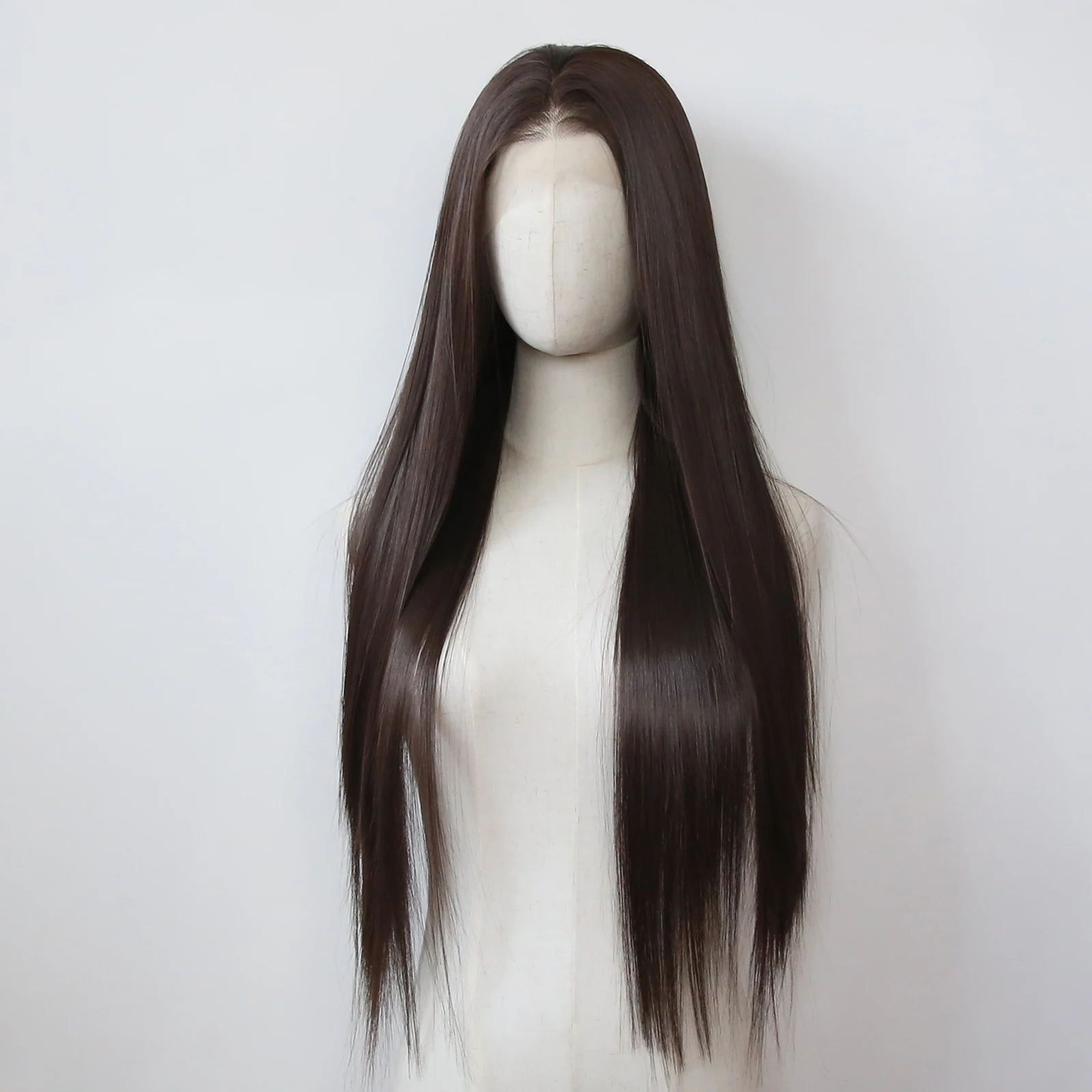 Dark Brown Synthetic lace front wig Long Straight Chocolate Brown Pre Plucked Natural Hairline