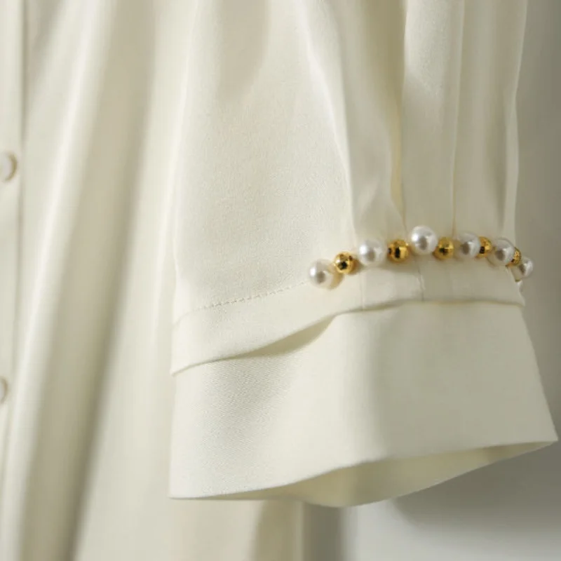 2023 New Summer Elegant Commuting Simple Round Neck Exquisite Sleeves Beaded Loose Relaxed Solid Color Versatile Women's Shirt