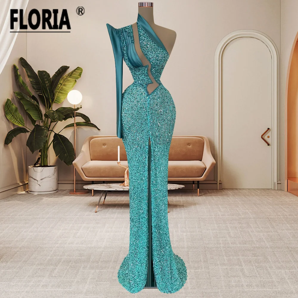 

Dubai Elegant One Shoulder Evening Dresses Beaded Slit Mermaid Prom Dress Woman Formal Occasion Gown Robe De Soiree Custom Made