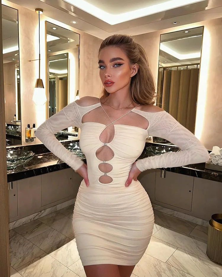 

Summer New Sexy Hollow Mesh Women's Dress Square Collar Skinny Pleated Stretch Skirt Rhinestones Backless Suspenders Hip Wrap