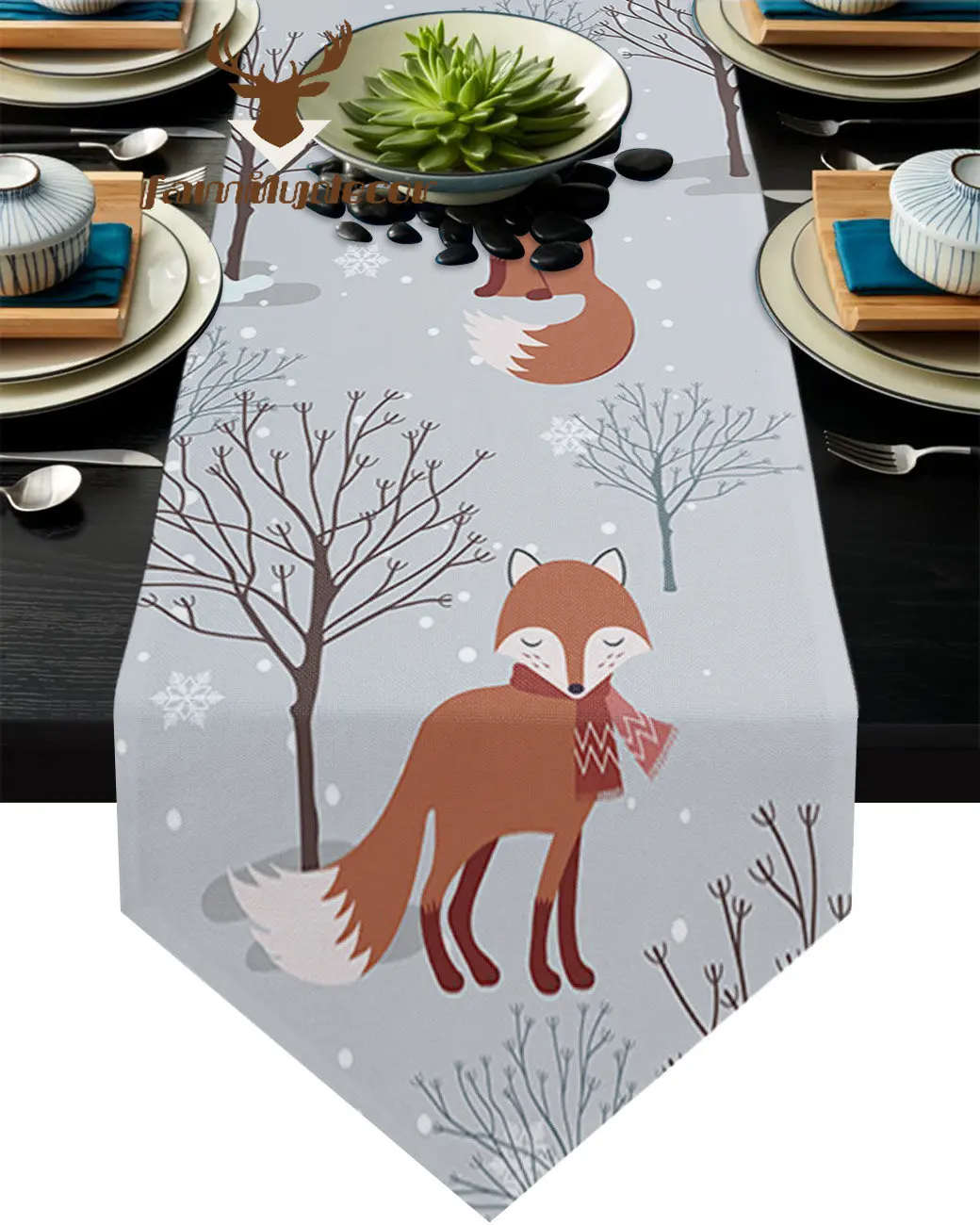 Cartoon Fox Branches Forest Snow Table Runner Country Wedding Decoration Tablecloth Home Hotel Party Kitchen Dining Table Mats