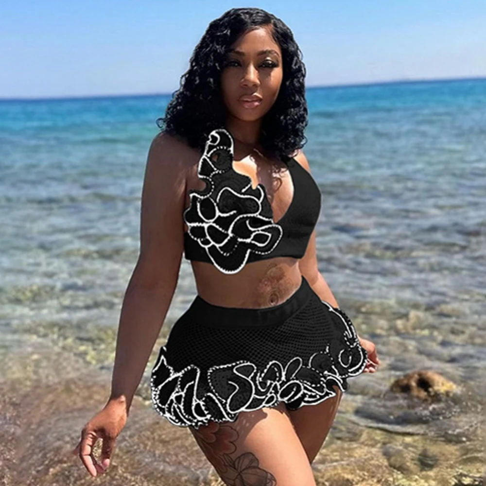 

Комплект из 2 предметов, одежда для купания, юбка, накидка, женские укороченные топы и мини-юбка, купальный костюм, модная однотонная Сексуальная Пляжная накидка с вырезами, наряды