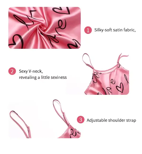 Women Lingerie Sleepwear Heart Print Nightdress Scoop Neck Criss Cross Back Nightgowns Pajamas Nighties